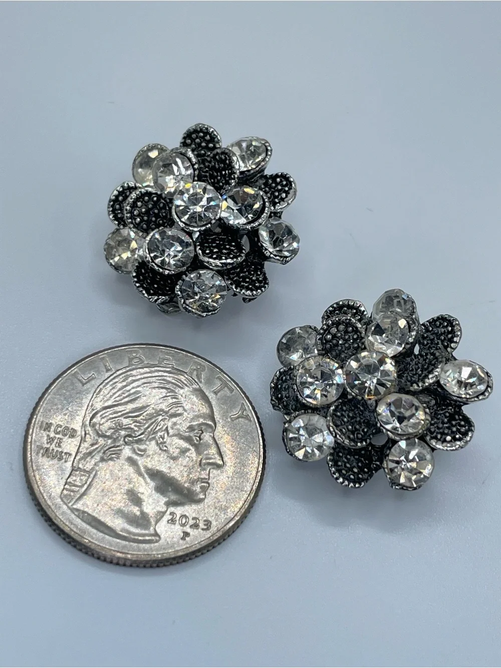 Silver Tone White Crystal Glass Rhinestone Floral Clip On Statement Earrings